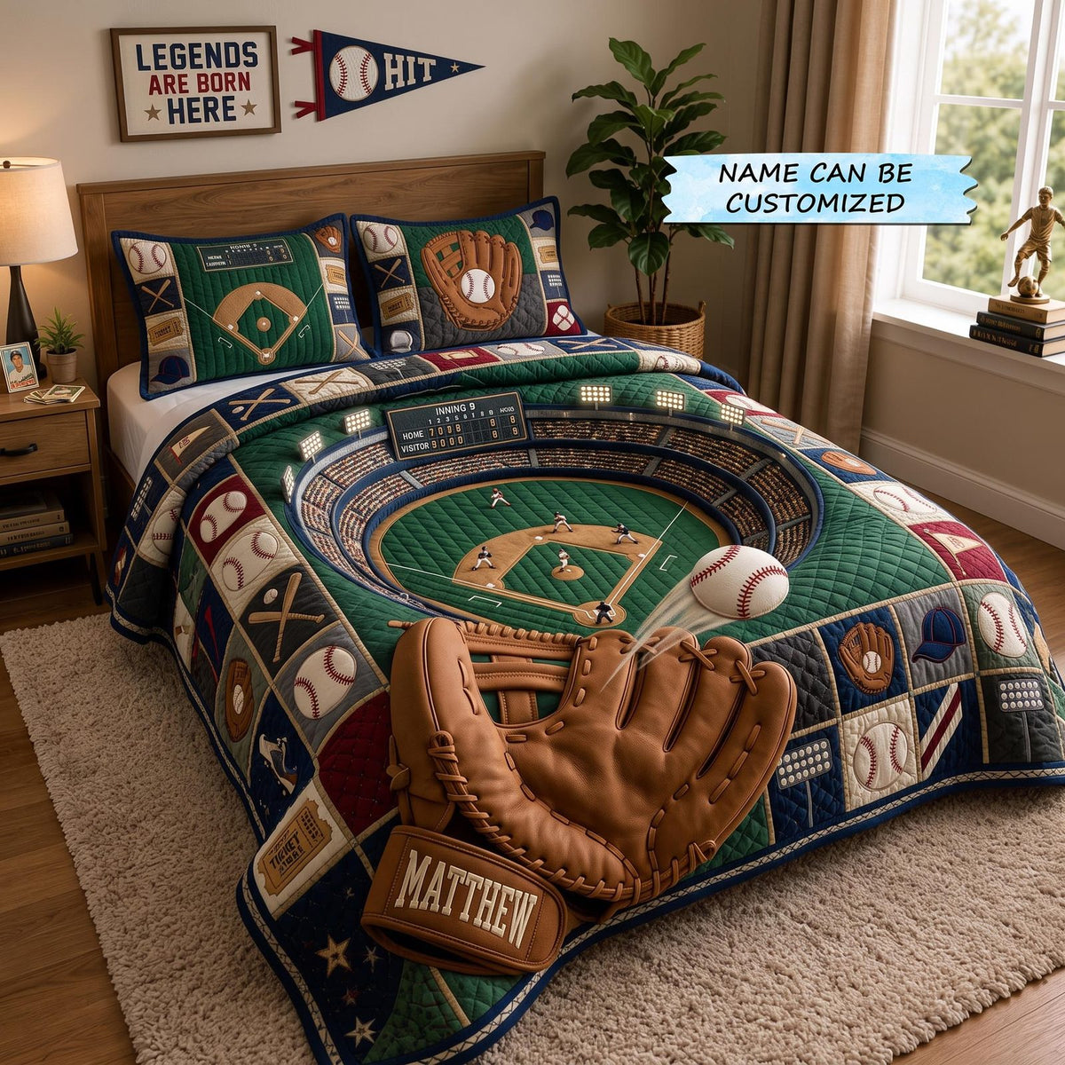 Personalized Baseball Glove Stadium quilted 3-piece bedding set on a made bed with two matching pillow shams
