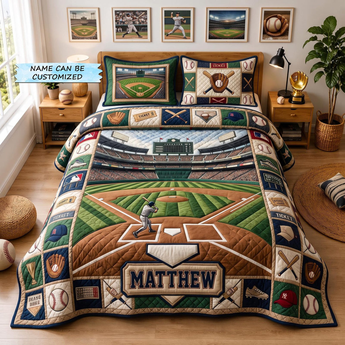 Personalized Baseball Home Plate quilted 3-piece bedding set on a made bed with two matching pillow shams