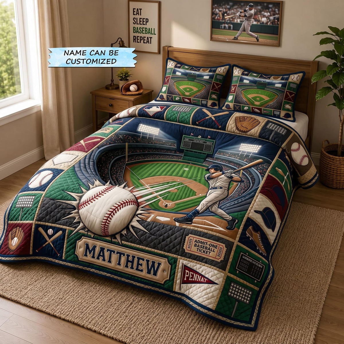 Personalized Baseball Home Run Swing quilted 3-piece bedding set on a made bed with two matching pillow shams