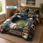 Personalized Baseball Home Run Swing quilted 3-piece bedding set on a made bed with two matching pillow shams