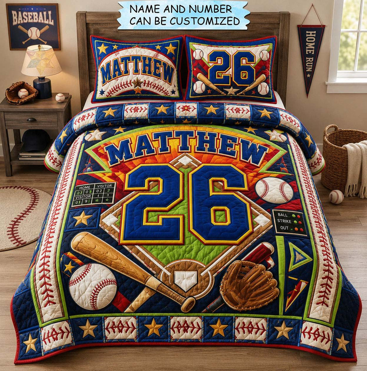 Personalized Baseball Jersey Number quilted 3-piece bedding set on a made bed with two matching pillow shams