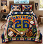 Personalized Baseball Jersey Number quilted 3-piece bedding set on a made bed with two matching pillow shams