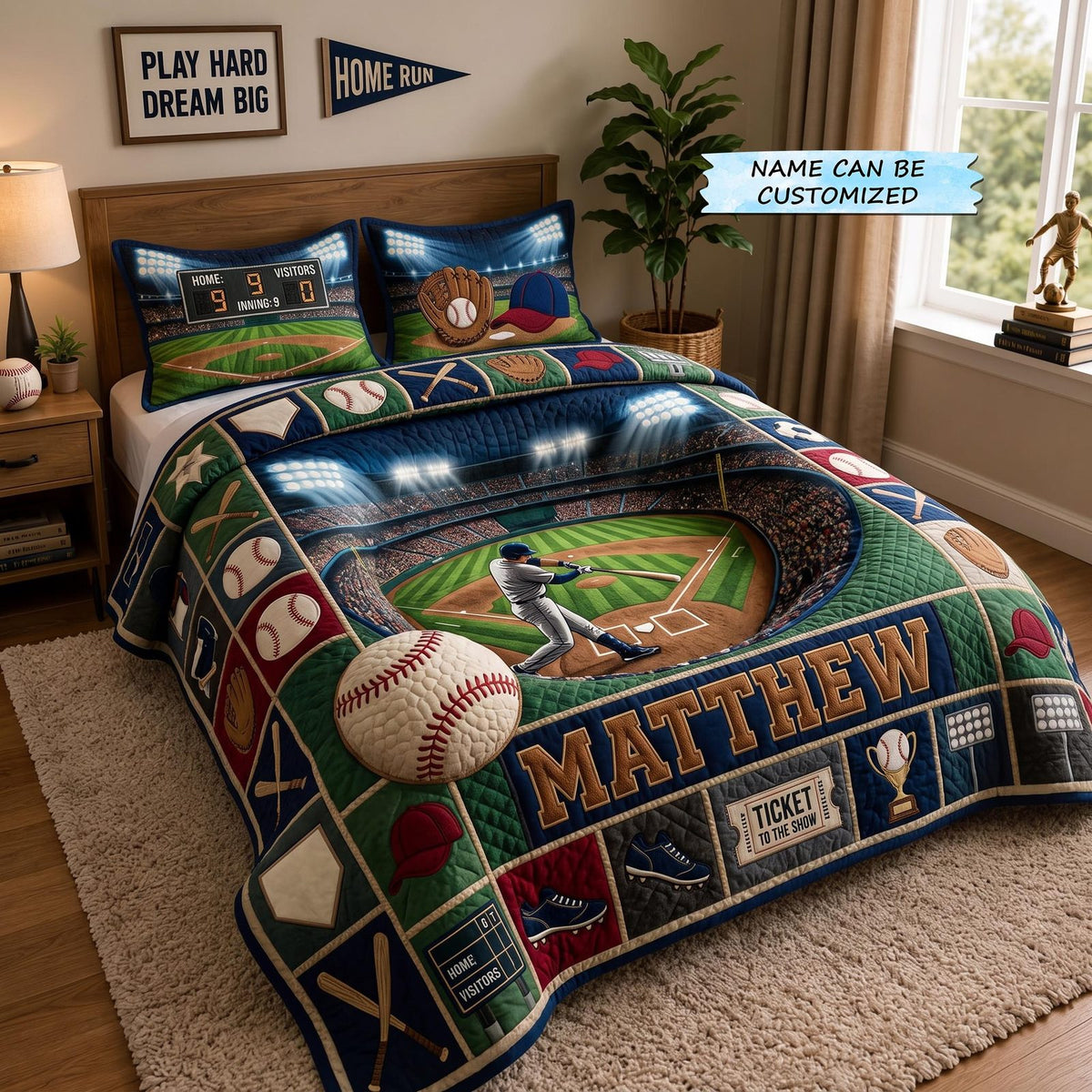 Personalized Baseball Scoreboard Lights quilted 3-piece bedding set on a made bed with two matching pillow shams