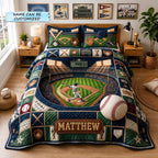 Personalized Baseball Stadium Night quilted 3-piece bedding set on a made bed with two matching pillow shams