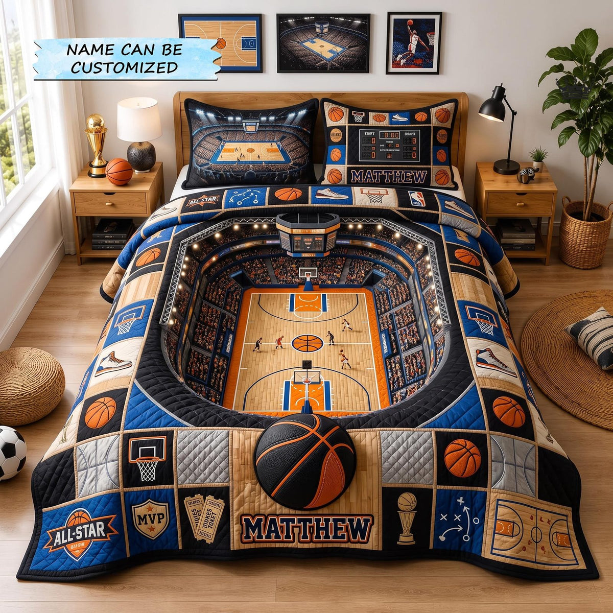 Personalized Basketball All-Star Arena quilted 3-piece bedding set on a made bed with two matching pillow shams