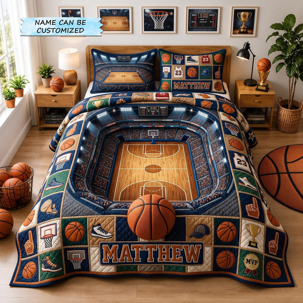 Personalized Basketball Arena Lights quilted 3-piece bedding set on a made bed with two matching pillow shams