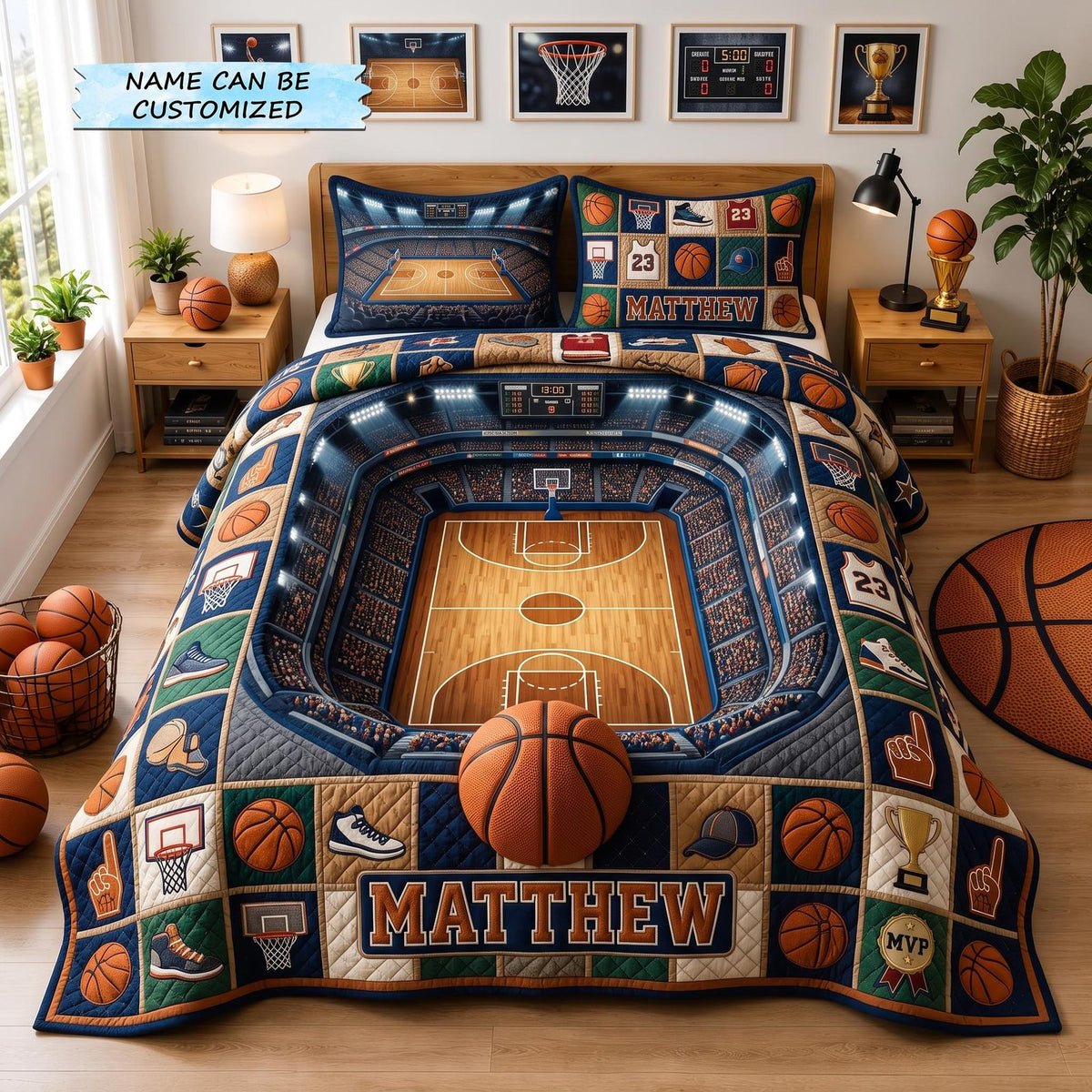 Personalized Basketball Arena Lights quilted 3-piece bedding set on a made bed with two matching pillow shams