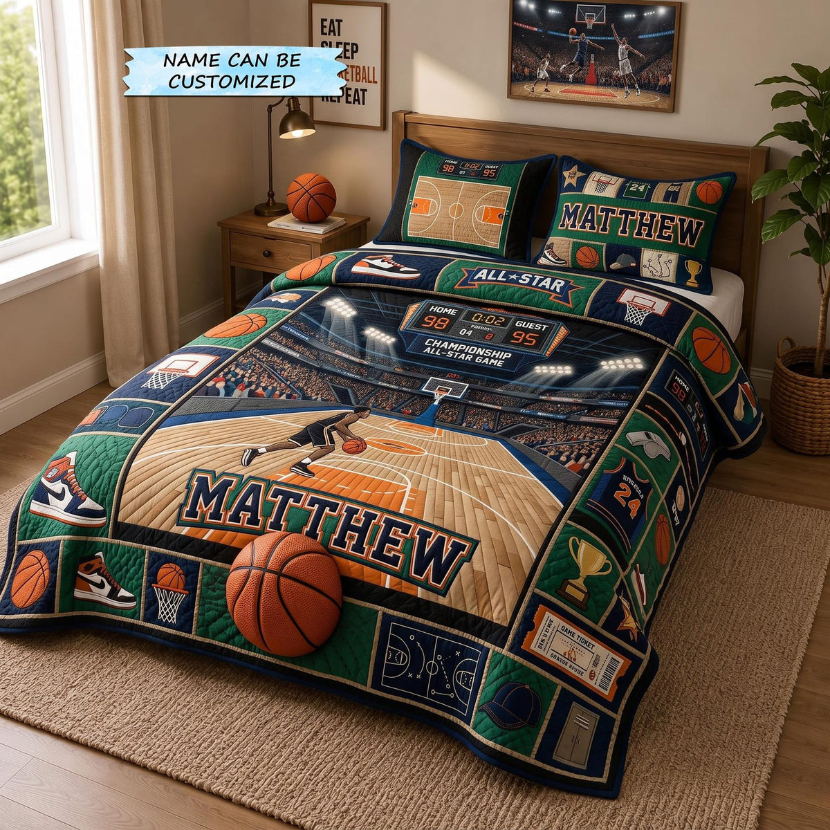 Personalized Basketball Championship Green quilted 3-piece bedding set on a made bed with two matching pillow shams