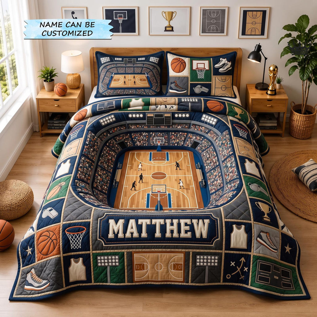 Personalized Basketball Court Banner quilted 3-piece bedding set on a made bed with two matching pillow shams