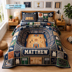 Personalized Basketball Court Banner quilted 3-piece bedding set on a made bed with two matching pillow shams