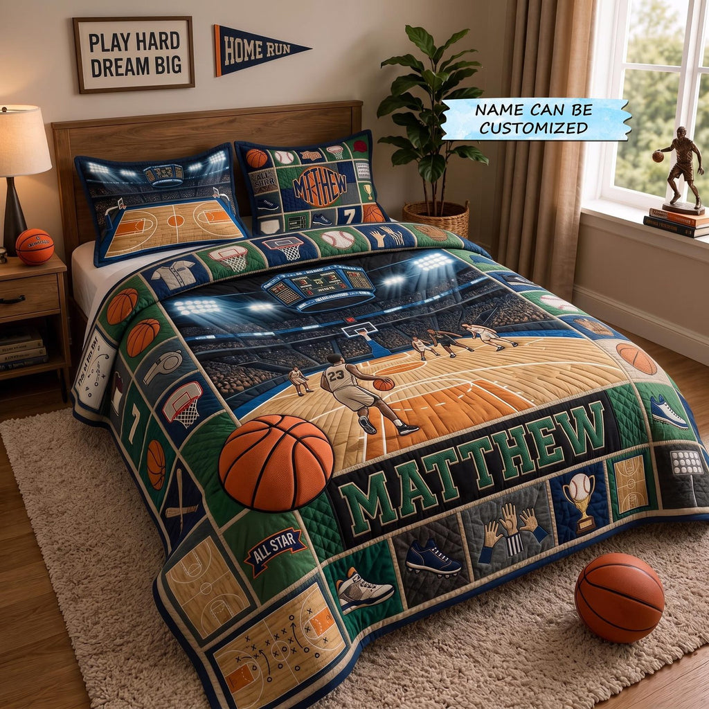 Personalized Basketball Game Day quilted 3-piece bedding set on a made bed with two matching pillow shams