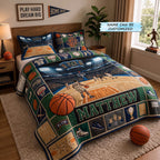Personalized Basketball Game Day quilted 3-piece bedding set on a made bed with two matching pillow shams