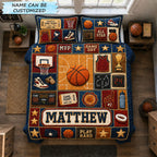 Personalized Basketball Play Hard 3-Piece Quilted Bedding Set QTCUZ quilted 3-piece bedding set on a made bed with two matching pillow shams