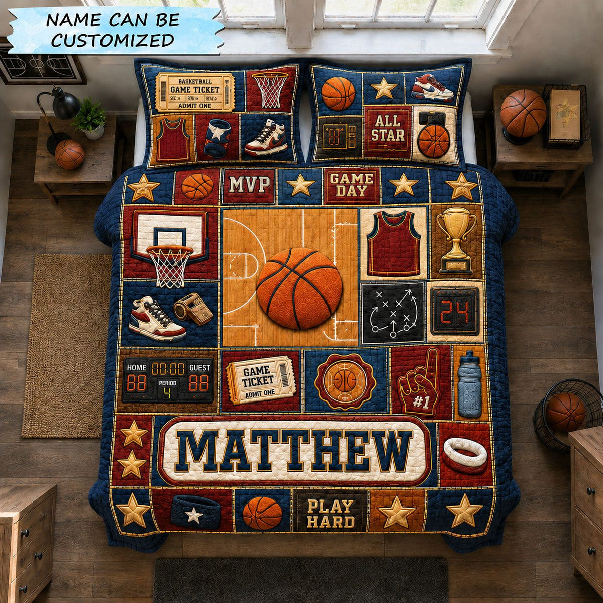 Personalized Basketball Play Hard 3-Piece Quilted Bedding Set QTCUZ quilted 3-piece bedding set on a made bed with two matching pillow shams