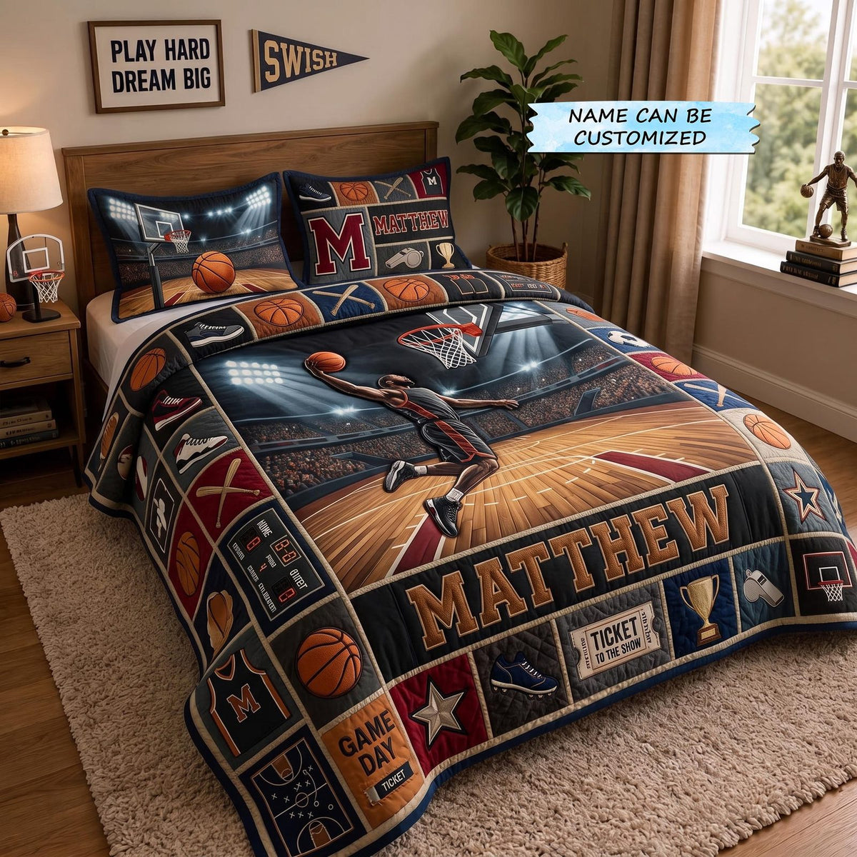 Personalized Basketball Slam Dunk quilted 3-piece bedding set on a made bed with two matching pillow shams