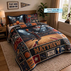 Personalized Basketball Slam Dunk quilted 3-piece bedding set on a made bed with two matching pillow shams