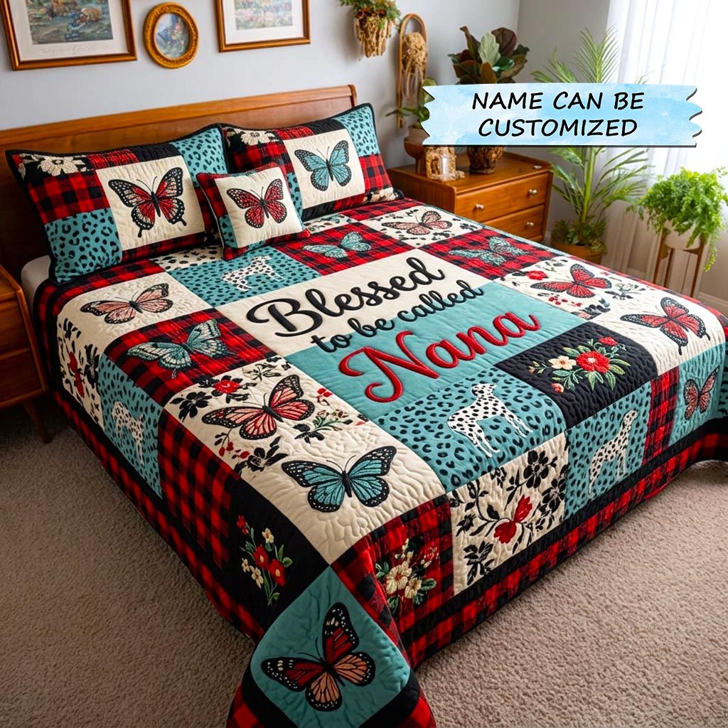 Personalized Blessed Nana Butterfly Plaid quilted 3-piece bedding set on a made bed in a softly lit bedroom