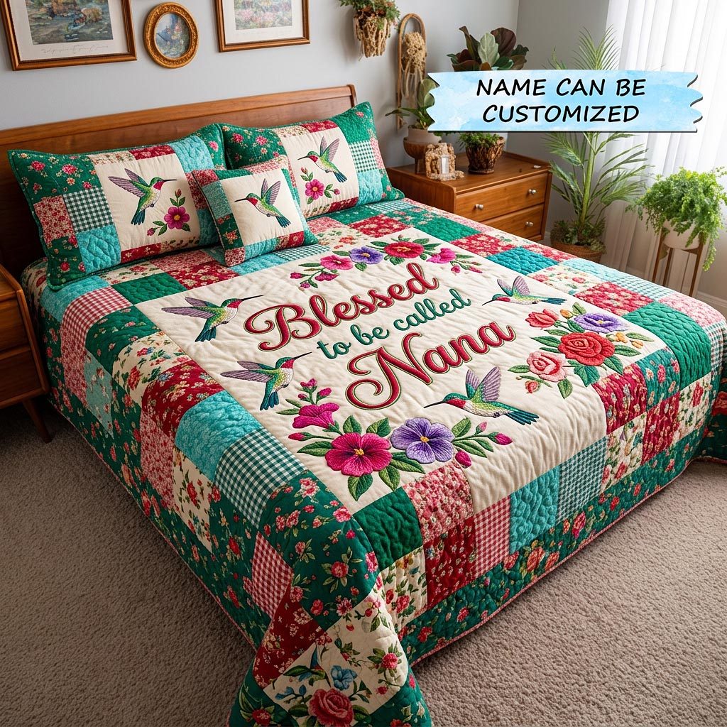 Personalized Blessed Nana Hummingbird quilted 3-piece bedding set on a made bed in a softly lit bedroom