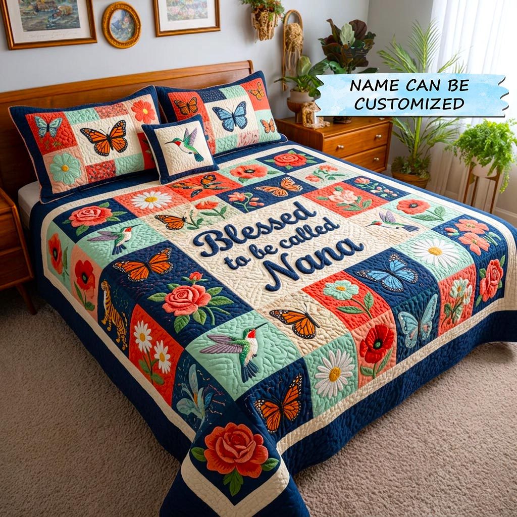 Personalized Blessed Nana Navy Butterfly quilted 3-piece bedding set on a made bed in a warmly lit bedroom