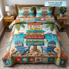 Personalized Couple Be Crazy Beach Sign quilted 3-piece bedding set on a made bed in a light coastal bedroom