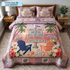 Personalized Couple Beach Rules Signpost quilted 3-piece bedding set on a made bed in a light coastal bedroom