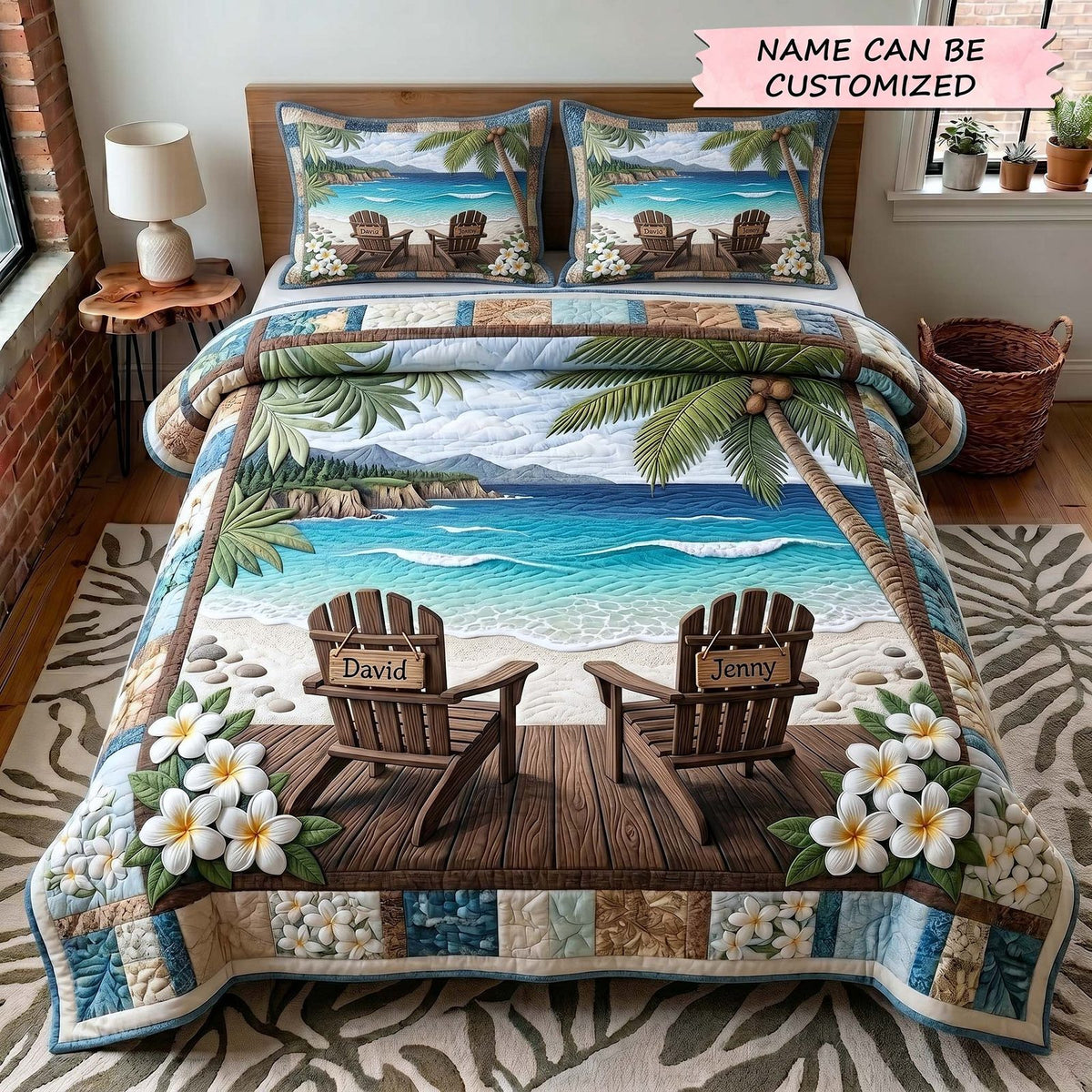 Personalized Couple Deck Chairs Ocean quilted 3-piece bedding set on a made bed in a light coastal bedroom