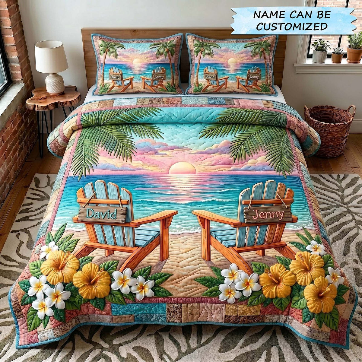 Personalized Couple Sunset Beach Hibiscus quilted 3-piece bedding set on a made bed in a light coastal bedroom