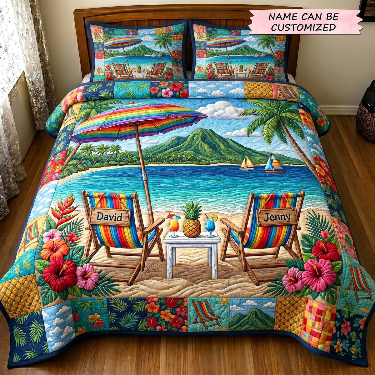 Personalized Couple Tropical Beach Chairs quilted 3-piece bedding set on a made bed in a light coastal bedroom