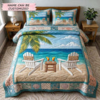 Personalized Couple White Chairs Seaside quilted 3-piece bedding set on a made bed in a light coastal bedroom
