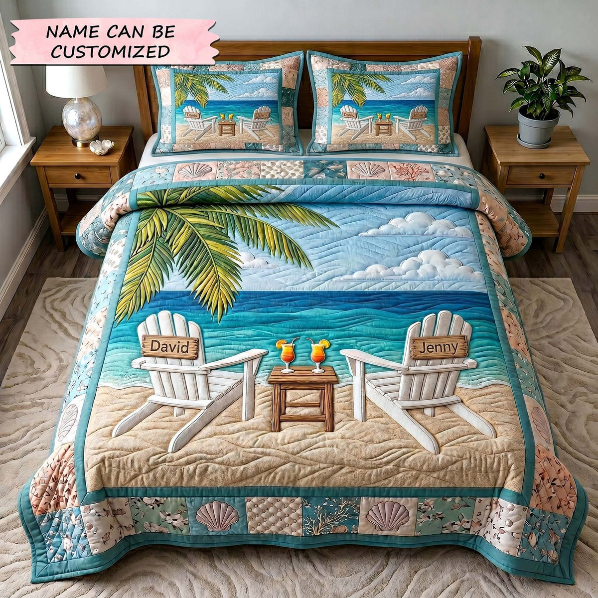 Personalized Couple White Chairs Seaside quilted 3-piece bedding set on a made bed in a light coastal bedroom