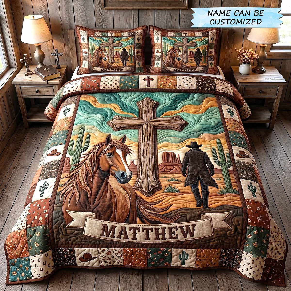 Personalized Cowboy Horse And Cross quilted 3-piece bedding set on a made bed in a softly lit bedroom
