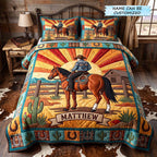 Personalized Cowboy Ranch Fence quilted 3-piece bedding set on a made bed in a rustic timber bedroom