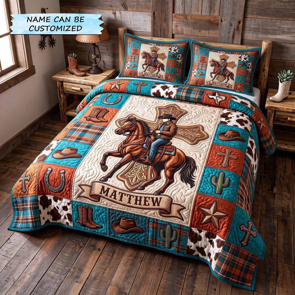 Personalized Cowboy Rodeo Rider quilted 3-piece bedding set on a made bed in a rustic timber bedroom