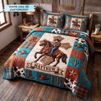 Personalized Cowboy Rodeo Rider quilted 3-piece bedding set on a made bed in a rustic timber bedroom