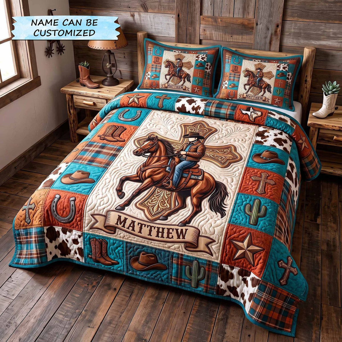 Personalized Cowboy Rodeo Rider quilted 3-piece bedding set on a made bed in a rustic timber bedroom