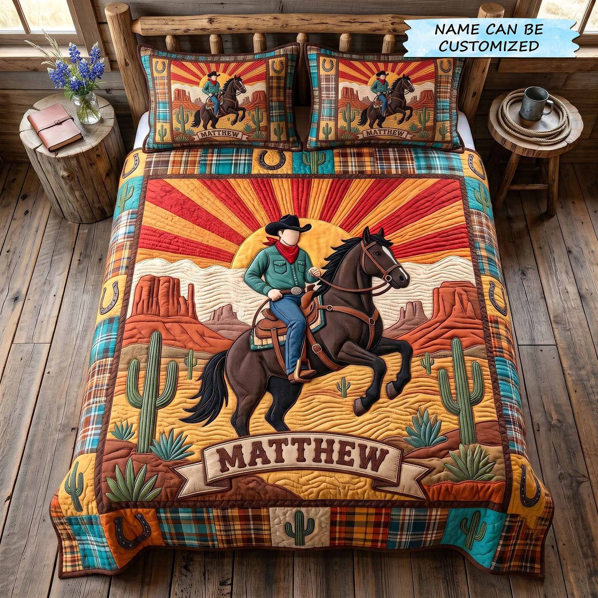 Personalized Cowboy Sunburst Canyon quilted 3-piece bedding set on a made bed in a rustic timber bedroom