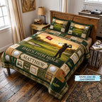 Personalized Dad 19th Hole Golf quilted 3-piece bedding set on a made bed with two matching pillow shams