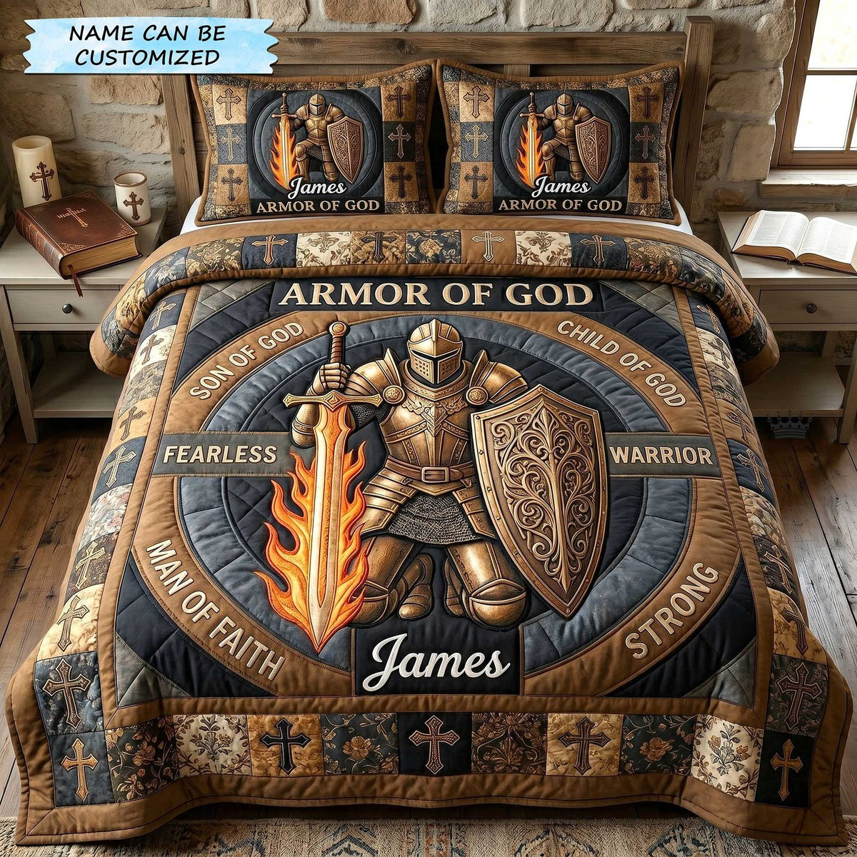 Personalized Fearless Warrior Armor Of God quilted 3-piece bedding set on a made bed in a softly lit bedroom