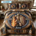 Personalized Fearless Warrior Armor Of God quilted 3-piece bedding set on a made bed in a softly lit bedroom
