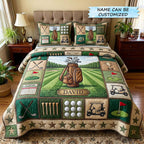 Personalized Golf Bag Fairway Stripes quilted 3-piece bedding set on a made bed with two matching pillow shams
