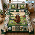 Personalized Golf Bag Green Course quilted 3-piece bedding set on a made bed with two matching pillow shams