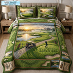 Personalized Golf Cart Path Sunrise quilted 3-piece bedding set on a made bed with two matching pillow shams