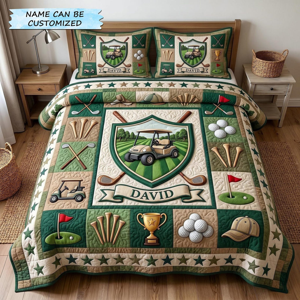Personalized Golf Cart Shield quilted 3-piece bedding set on a made bed with two matching pillow shams