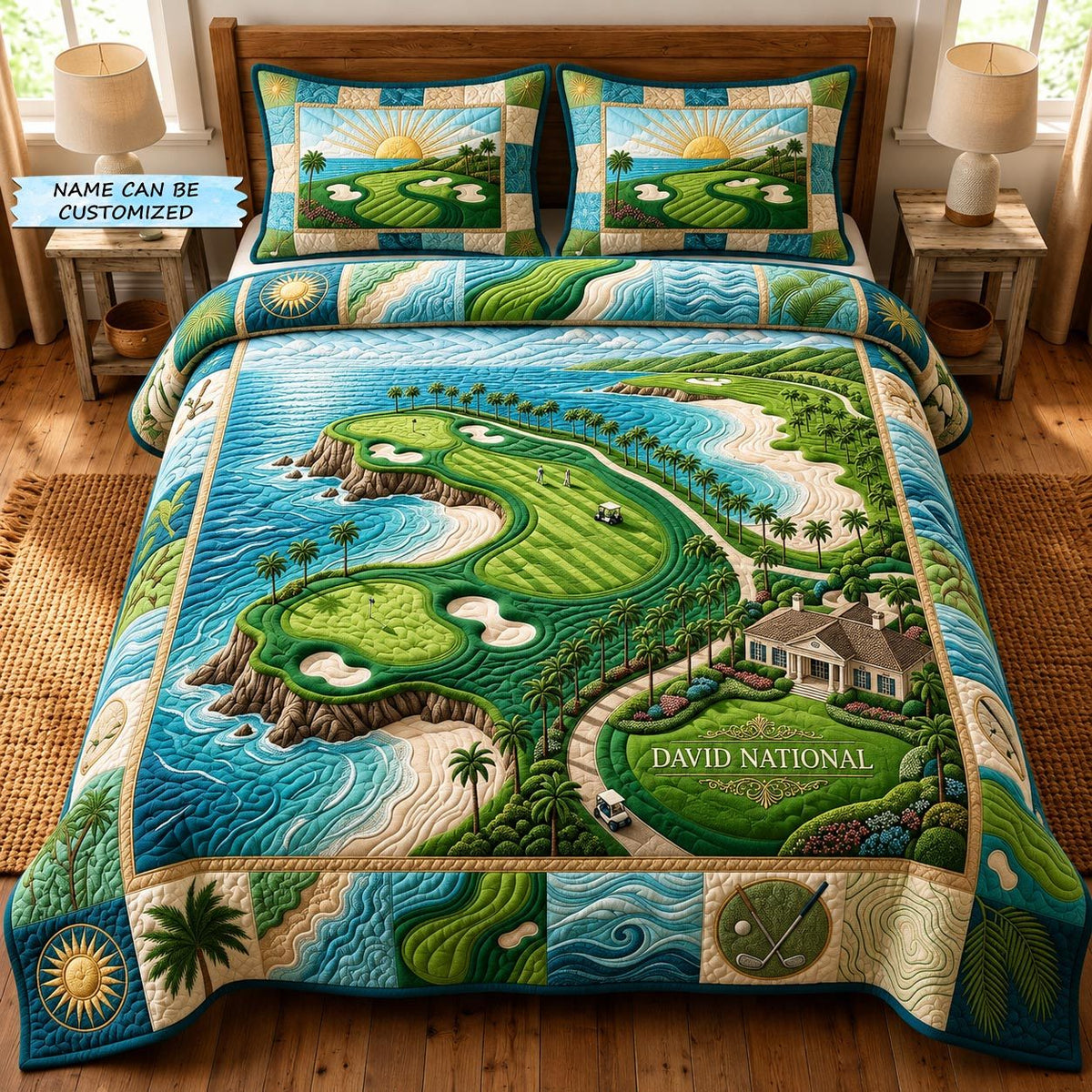 Personalized Golf Coastal National quilted 3-piece bedding set on a made bed in a light coastal bedroom