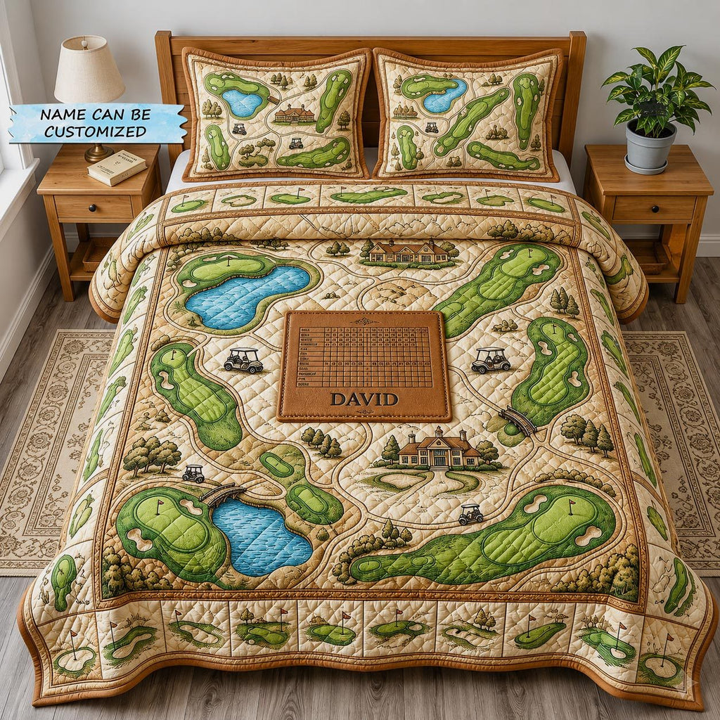 Personalized Golf Course Map quilted 3-piece bedding set on a made bed with two matching pillow shams