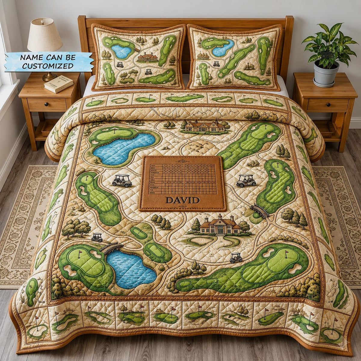 Personalized Golf Course Map quilted 3-piece bedding set on a made bed with two matching pillow shams