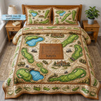 Personalized Golf Course Map quilted 3-piece bedding set on a made bed with two matching pillow shams