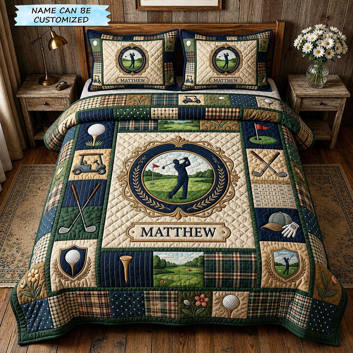 Personalized Golf Crest Emblem quilted 3-piece bedding set on a made bed with two matching pillow shams