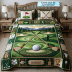 Personalized Golf Crossed Clubs quilted 3-piece bedding set on a made bed with two matching pillow shams