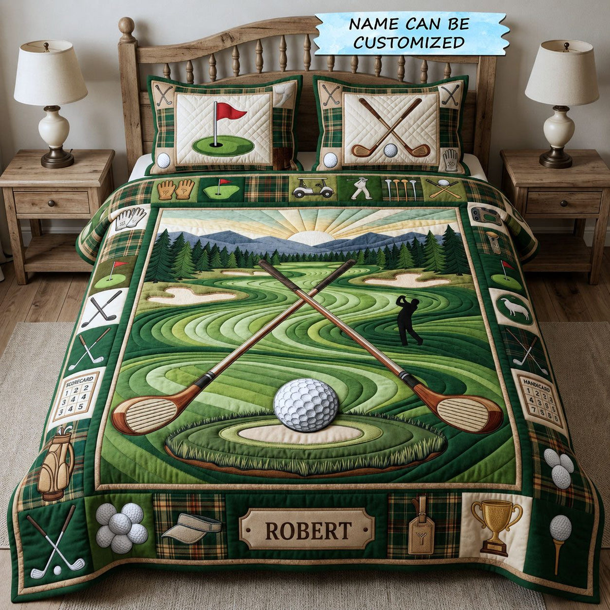 Personalized Golf Crossed Clubs quilted 3-piece bedding set on a made bed with two matching pillow shams